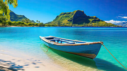 Naklejka na ściany i meble Lone fishing boat on a white sand beach in French Polynesia