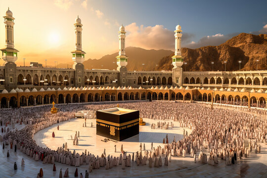 Muslims praying and circling the Kaaba in Mecca
