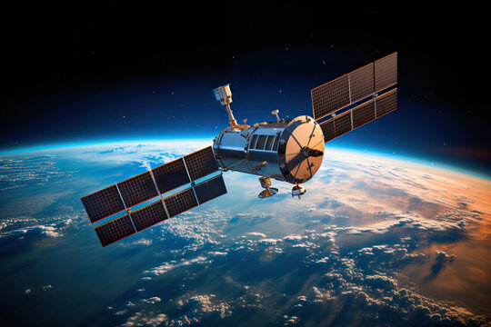 Communications satellite flying over space with the earth in the background