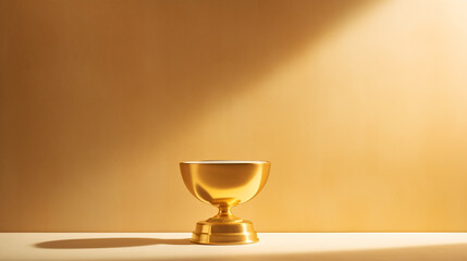 golden trophy cup on a yellow background with hard light and shadow - obrazy, fototapety, plakaty