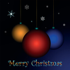 Vector merry Christmas card with christmas balls and snowflakes.