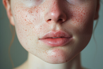 Skin With Rosacea, Acne and Freckles, Young Girl With Problematic Sensitive Skin, Atopic Skin Concept - obrazy, fototapety, plakaty