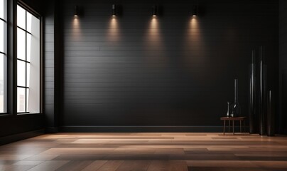 the interior background for the presentation showcases a wooden floor and a soft black wall, complemented by an intriguing glare from the window - obrazy, fototapety, plakaty