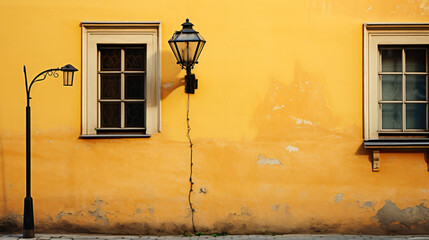 Old house yellow wall and street lantern