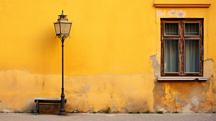 Old house yellow wall and street lantern