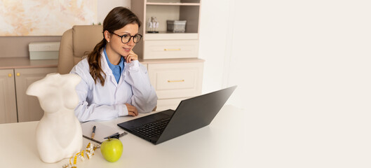Online consultation with nutritionist banner. Wellness clinic web line. Young beautiful smiling...
