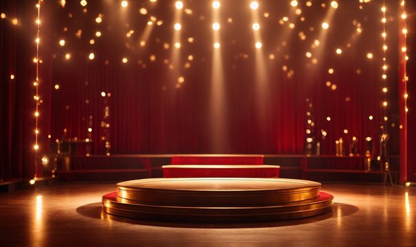 red podium with golden light lamps background. Golden light award stage with rays and sparks