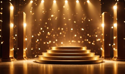 Podium with golden light lamps background. Golden light award stage with rays and sparks - obrazy, fototapety, plakaty