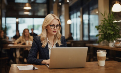 Junge Frau arbeitet am Laptop in einem Cafè