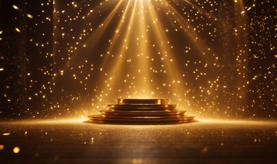 Gold lights rays scene background. Golden light award stage with rays and sparks 