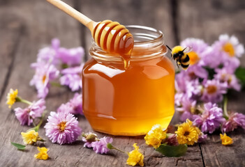 Dolcezza d'Api- Barattolo di Miele con Cucchiaio di Legno e ape volante