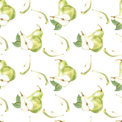 Watercolor green pears seamless pattern. Summer fruit background for textile, packing, decor design. Pear and slices with green leaves for kitchen,wallpaper decoration