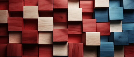 Alternating Red and Blue Wooden Blocks in a Straight Line