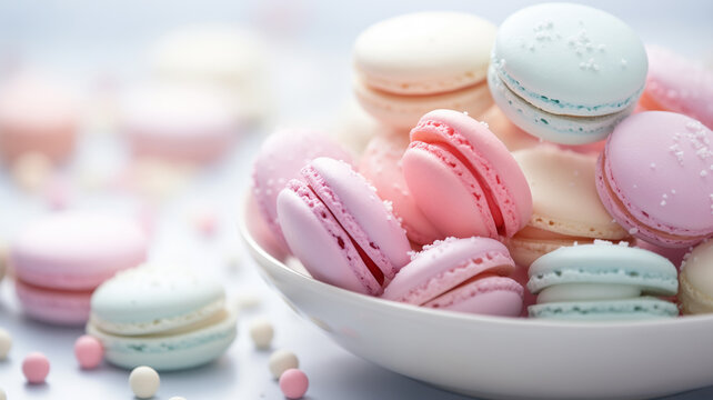 Colorful Closeup French macarons on dish with blurred background and beads Variety of Pastel color. Sweet and dessert, Colorful french desserts banner with copyspace. 