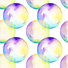 Hand drawn watercolor soap bubble pattern isolated on a white background.