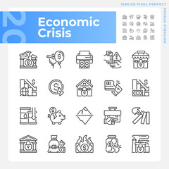 2D pixel perfect light and dark icons set representing economic crisis, editable thin line illustration.