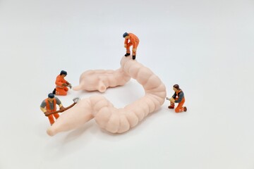 miniature figurines of men at work on a huge human intestine