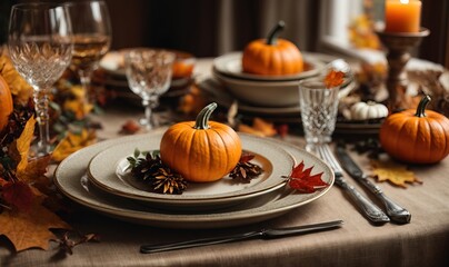 Autumn place setting with fall leaves, napkin and pumpkins. Thanksgiving autumn place setting with...