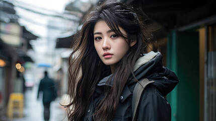 Fototapeta premium Captivating urban portrait of a young Japanese woman