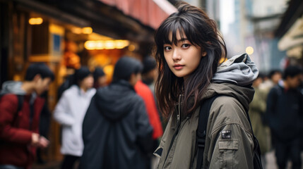 Fototapeta na wymiar Captivating urban portrait of a young Japanese woman