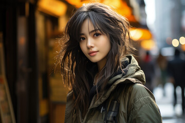 Fototapeta premium Captivating urban portrait of a young Japanese woman