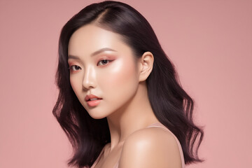 Naklejka premium Portrait of Beauty Korean Women Attractive Girl on pink Background for Face care, Facial treatment, Cosmetology, beauty and spa, women portrait.