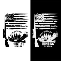 Wild Outdoor Hunting Season, US Flag Hunting Season T Shirt Design.