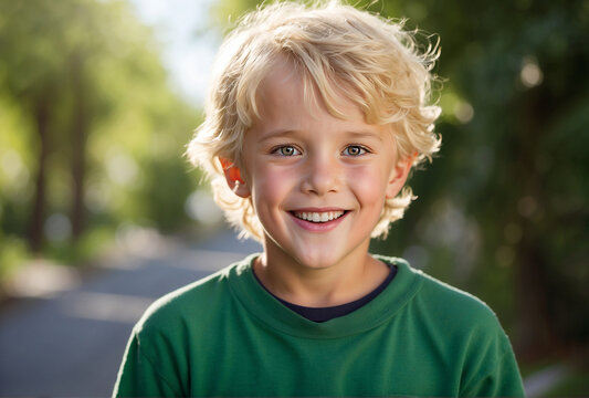  portrait of a cute fair-haired boy 6-7 years old. the child laughs. positive emotions.