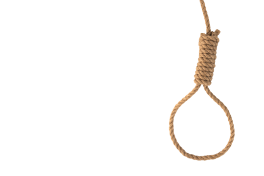Rope noose for the executioner, natural fiber rope on a transparent background. Hemp rope noose for murder or suicide. Rope knot for the gallows. PNG.