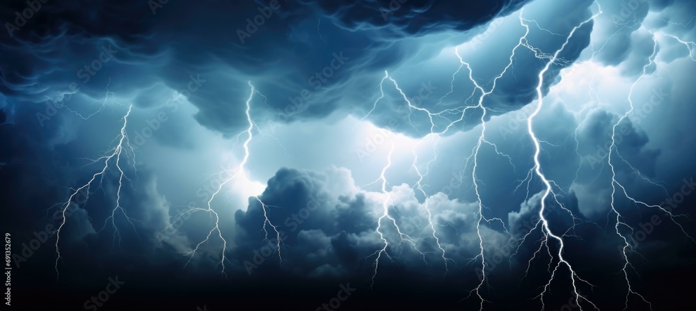 Poster lightning storm over the dark sky with clouds and dark clouds. generative ai.