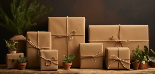 Several brown wrapped presents sitting on a table. Generative AI.