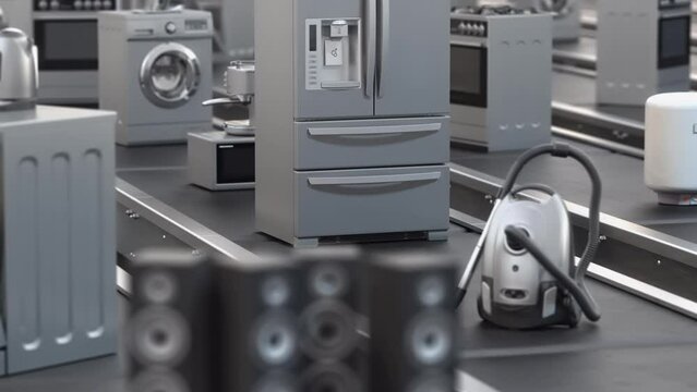 Household appliance and home kitchen technics on conveyor roller belt. 3d animation