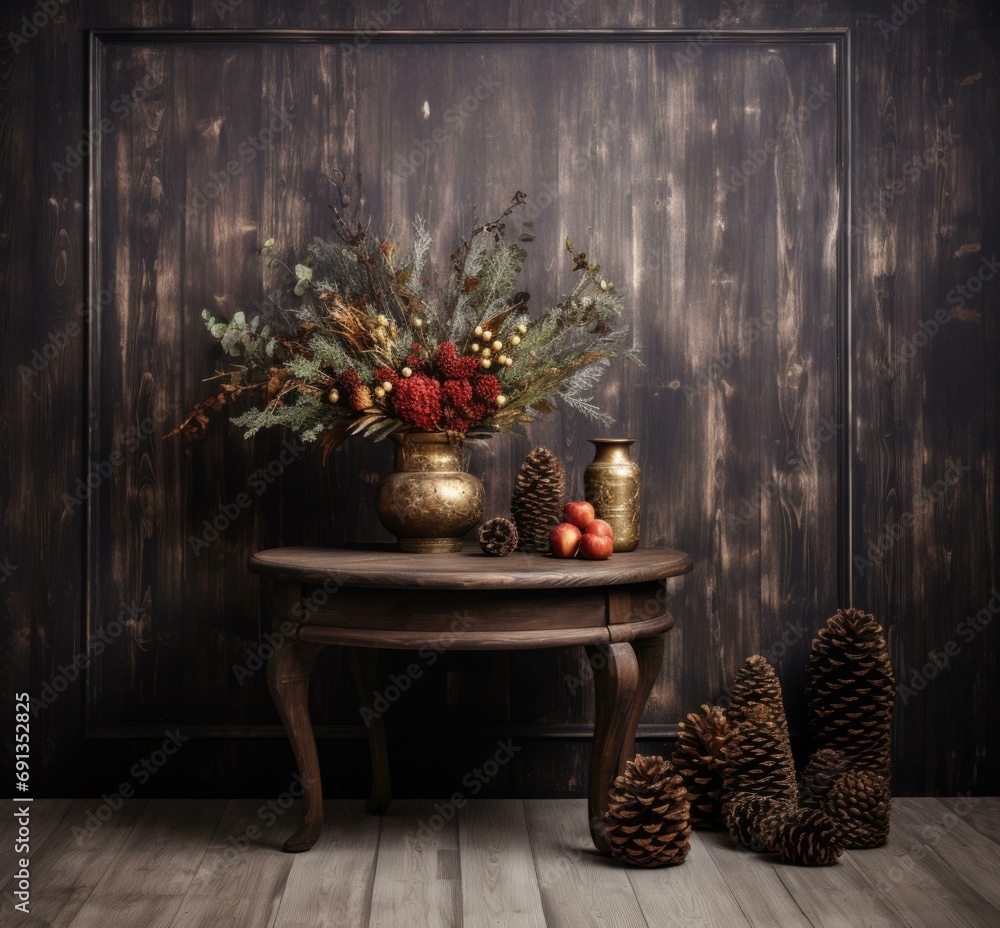 Poster a table with pine cones and flowers on it. generative ai.
