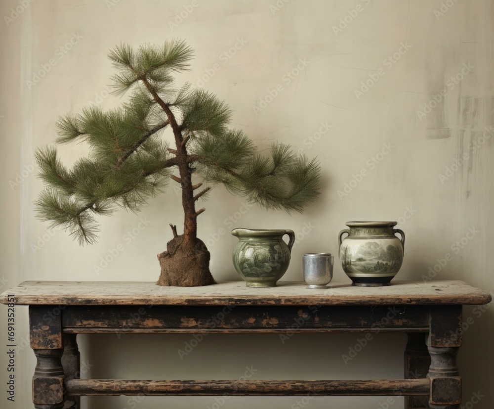 Poster a table with two vases and a pine tree. generative ai.