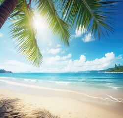 Fototapeta na wymiar Tropical beach with palm tree and blue sky. Generative AI.