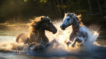 Stallions fight in the river