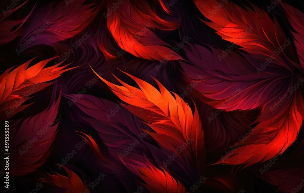 Poster a dark background with red and black feathers. generative ai.