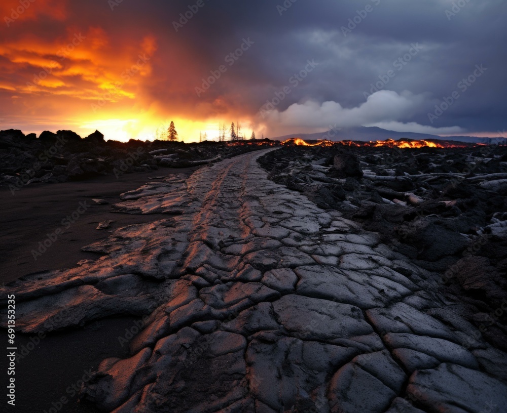Poster a lava flow on the ground with a dark sky. generative ai.