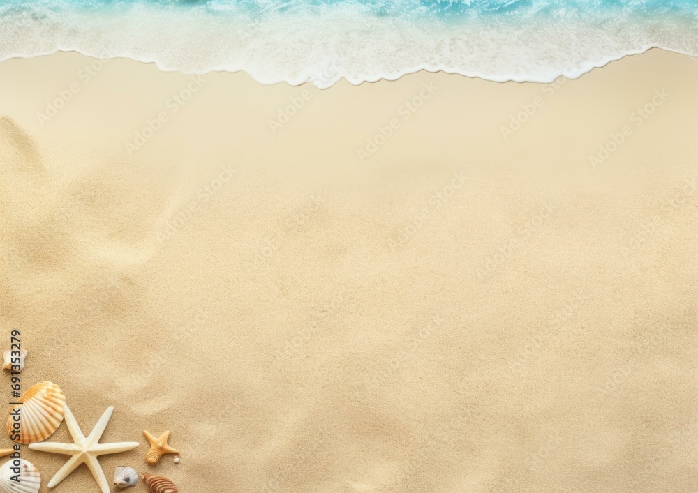 Poster sea shells and starfish on the sand. generative ai.