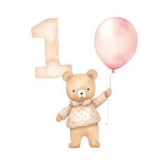 Watercolor illustration of happy birthday bear with number one and balloon.