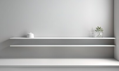A product presentation can be enhanced with a universal and minimalistic backdrop. A light gray wall adorned with a white empty shelf provides a clean and simplistic aesthetic