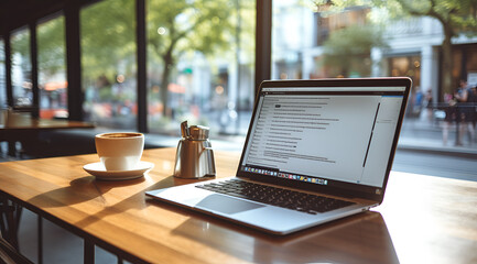 laptop on the table at the cafe, coffee shop, coffee besides the laptop programming, chill vibe, relax, facing the window with good weather, looking outside the road