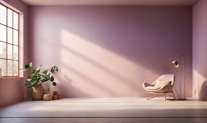 simplistic light purple backdrop is utilized for showcasing the product. The plaster wall is adorned with shadows and natural light streaming in through the windows