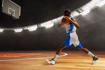 Fototapeta na wymiar 3d illustration professional basketball player running dribbling in sport arena