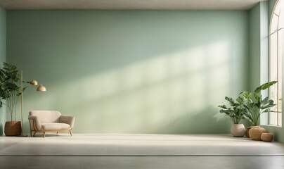 simplistic light green backdrop is utilized for showcasing the product. The plaster wall is adorned with shadows and natural light streaming in through the windows