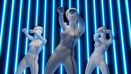 Robots dance in a Santa Claus hat against a background of blue neon lights. Merry Christmas and Happy New Year party background. - Powered by Adobe