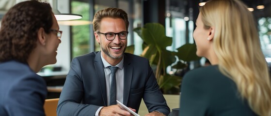 A professional man in a suit with glasses smiling and discussing with a young couple, offering guidance on investments, legal matters, or purchasing decisions in a bright office setting. - obrazy, fototapety, plakaty