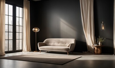 Simplistic light black backdrop is utilized for showcasing the product. The plaster wall is adorned with shadows and natural light streaming in through the windows