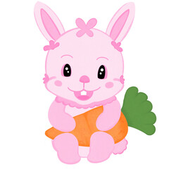 Cute cartoon pink rabbit sitting hugging a carrot.