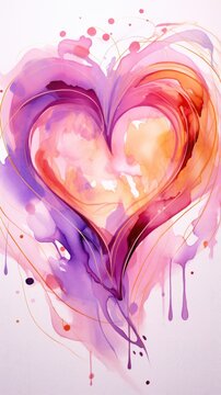 Watercolor abstract heart in pink tones on white background. Vertical Banner for valentine's day. Love